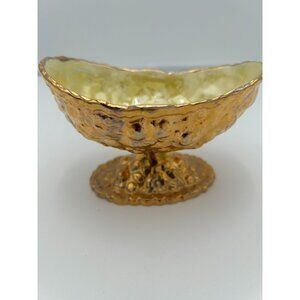 Vintage Golden Hammered Brass & Enamel Oval Pedestal Bowl